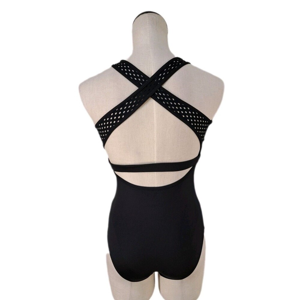 Aja VTG Strappy Crossback Belted Mesh Tank Leotard Black Women's AS Size S - Picture 6 of 16